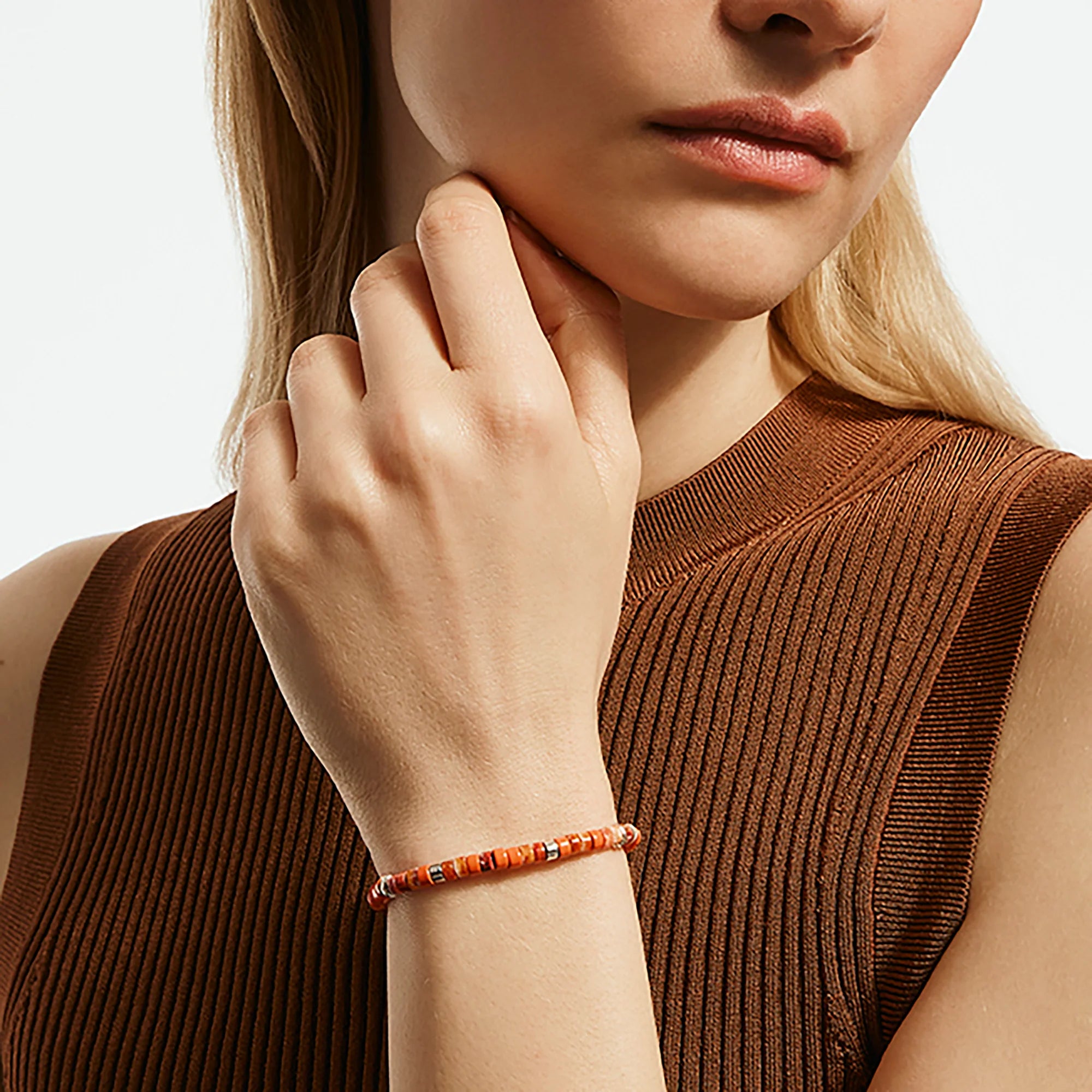 Heishi Bracelet, Sterling Silver, Spiny Oyster, 4MM