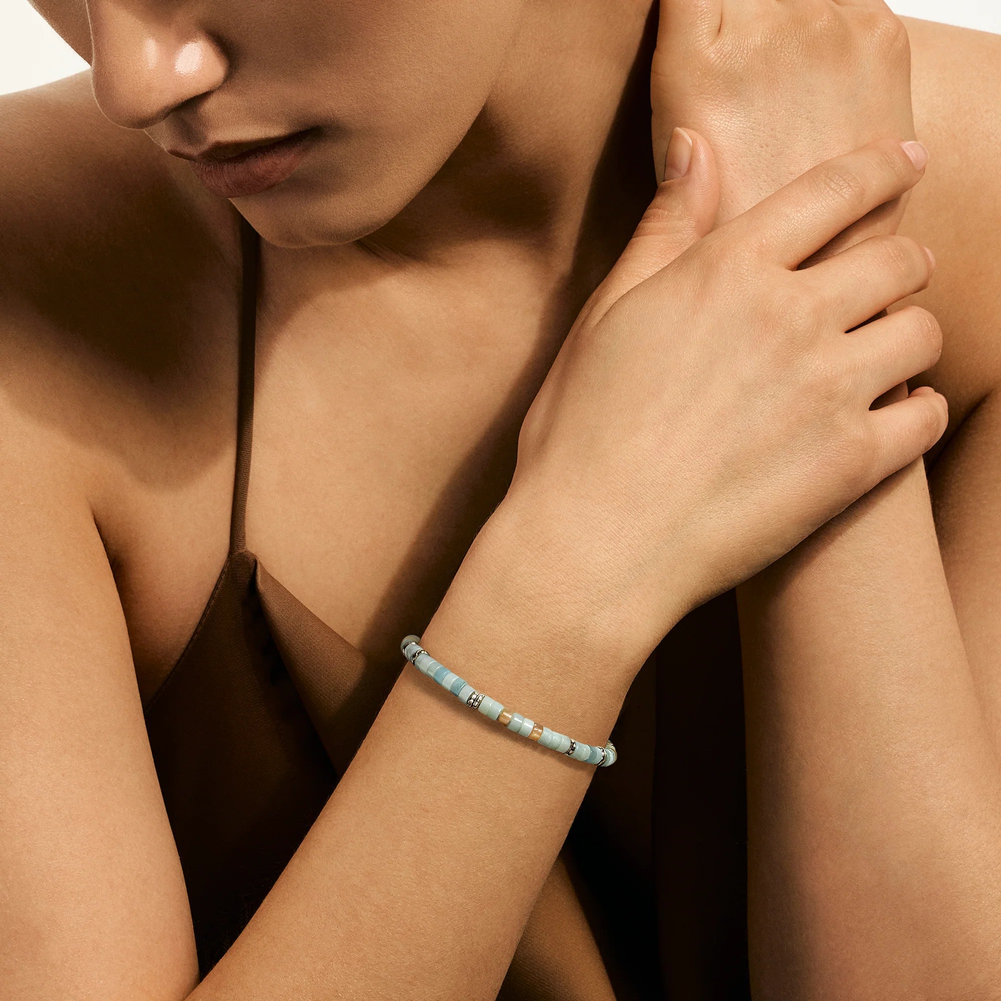 Ocean Heishi Bracelet, Sterling Silver, Multi Color Quartzite, 4MM